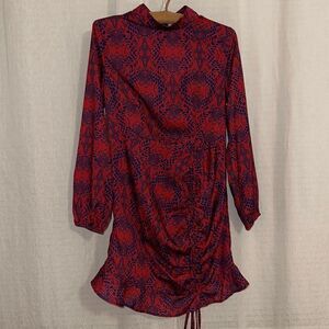 MORRISDAY M Red Navy Snake Print Mock Neck Long Sleeve Back Zip Dress